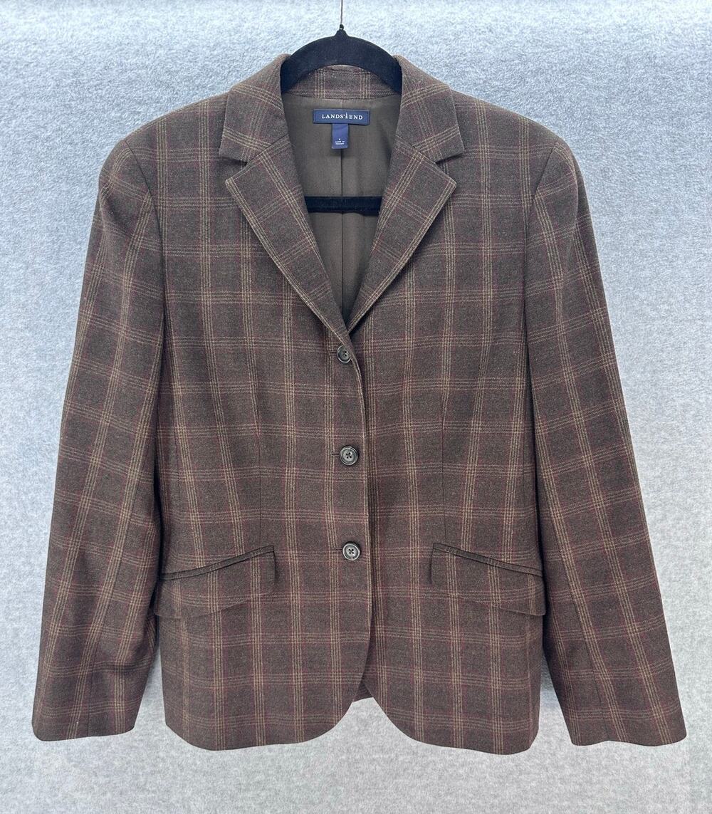 VTG Lands End Women's 6 Chocolate Brown Plaid Wool Cashmere Blend Blazer
